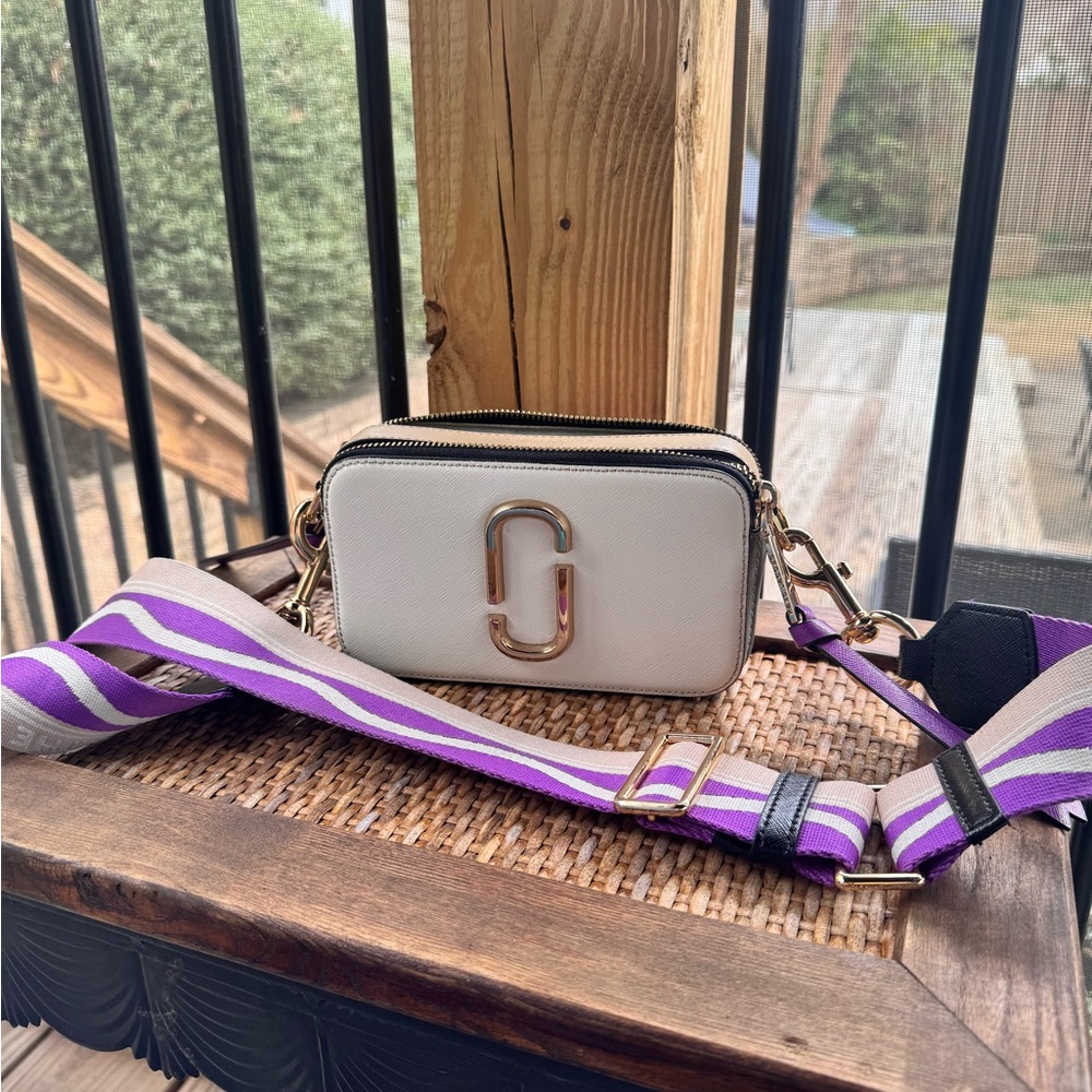 Marc Jacobs White Crossbody Bag with Purple Strap